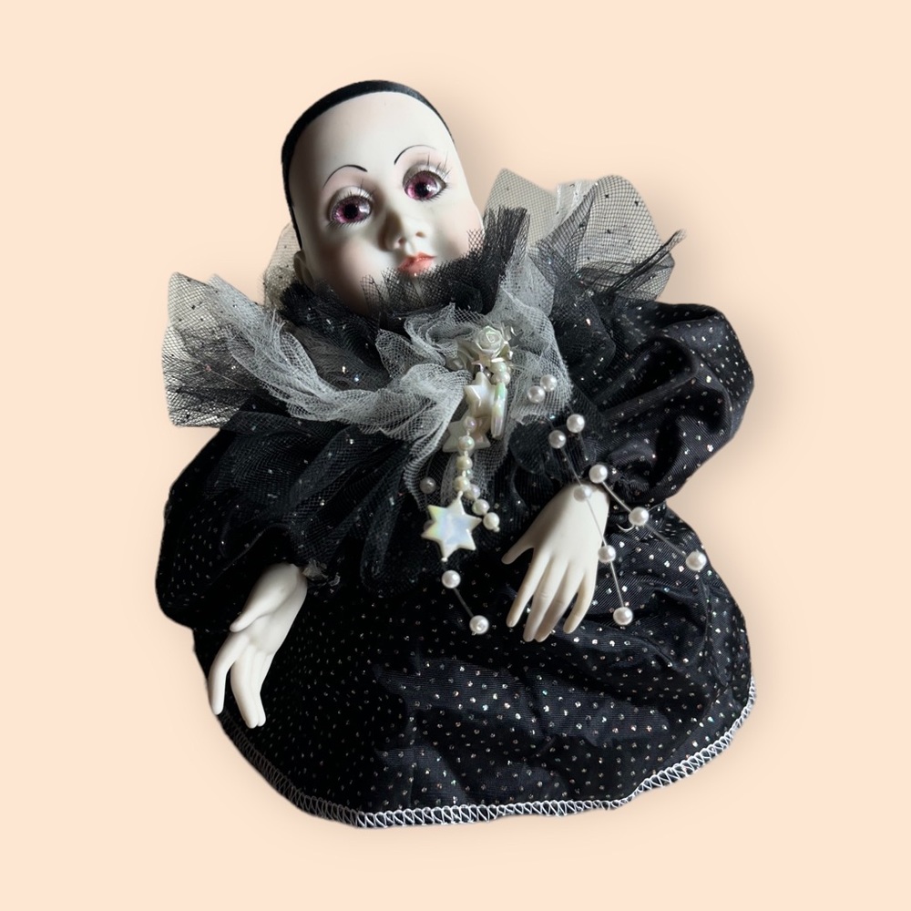 Vintage Porcelain Clown Doll Wind Up Musical Box White And Black Stars- Works